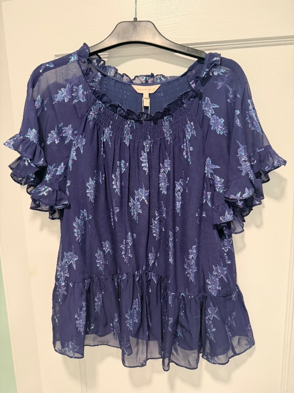 Rebecca Taylor Short Sleeve Metallic Star Top - Size M - Navy